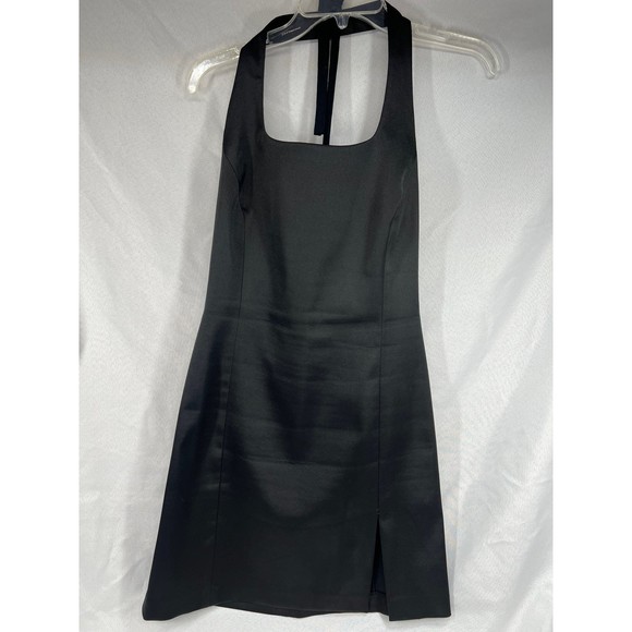 Cache Sz 10 Black Satin Halter & Mini Dress Slit Club Evening Comfy - Picture 1 of 6